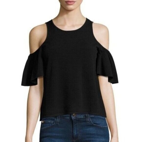 MILLY Flutter Sleeve Tank Top Blouse Size Small Black Cold Off Shoulder Knit - Picture 1 of 7